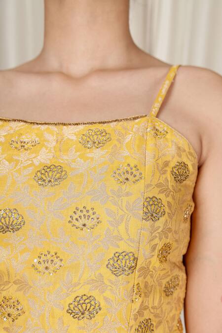 Aharin India Yellow Brocade Embroidery Square Neck Flared Kurta Set at Aza Fashions Aharin India_Yellow Brocade Embroidery Square Neck Flared Kurta Set _at_Aza_Fashions