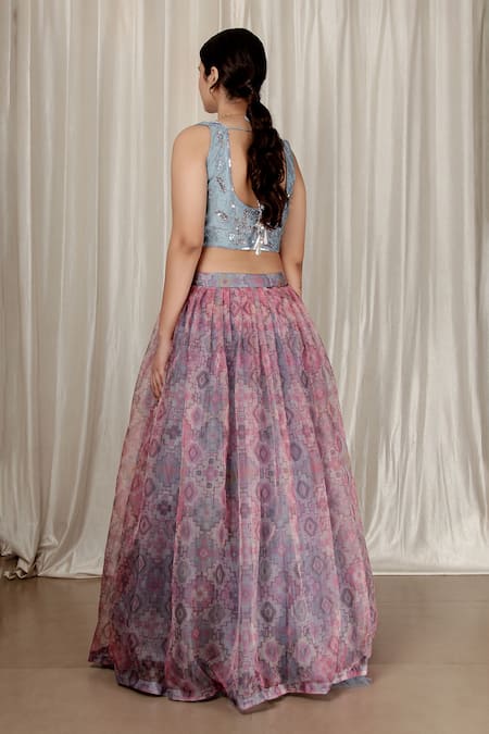 Aharin India Blue Net, Organza Embroidery V-neck Heavy Purple Blouse And Printed Lehenga Set Online at Aza Fashions Aharin India_Blue Net, Organza Embroidery V-neck Heavy Purple Blouse And Printed Lehenga Set _Online_at_Aza_Fashions