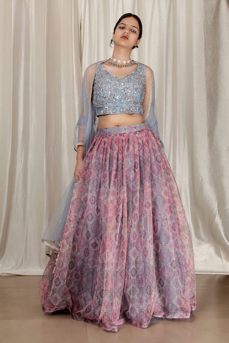 Buy Aharin India Blue Net, Organza Embroidery V-neck Heavy Purple Blouse And Printed Lehenga Set Online at Aza Fashions Buy_Aharin India_Blue Net, Organza Embroidery V-neck Heavy Purple Blouse And Printed Lehenga Set _Online_at_Aza_Fashions
