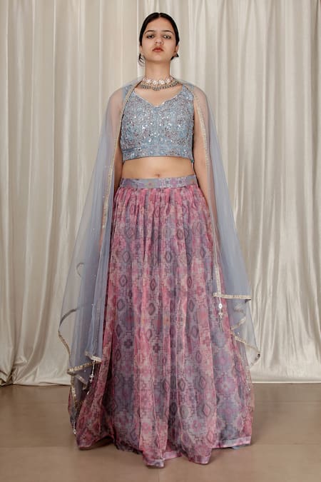 Shop Aharin India Blue Net, Organza Embroidery V-neck Heavy Purple Blouse And Printed Lehenga Set Online at Aza Fashions Shop_Aharin India_Blue Net, Organza Embroidery V-neck Heavy Purple Blouse And Printed Lehenga Set _Online_at_Aza_Fashions