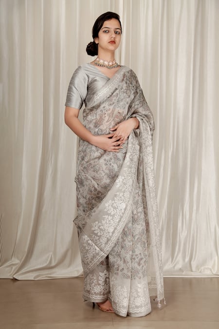Aharin India Grey Printed Organza Saree Set 