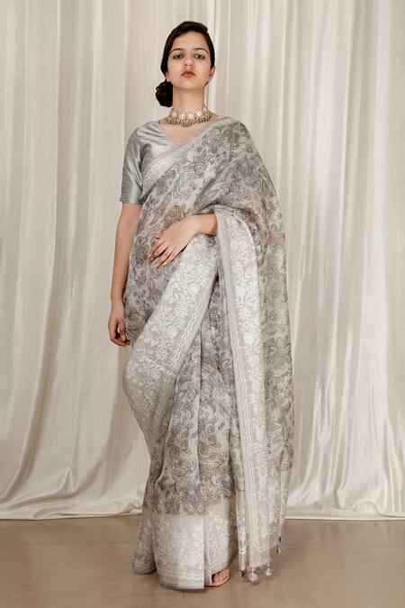 Shop_Aharin India_Gray Silk, Organza Embroidery V-neck Grey Printed Saree Set 