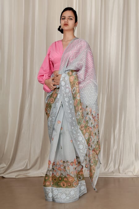 Shop_Aharin India_Blue Cotton, Organza Embroidery V-neck Printed Saree With Blouse _at_Aza_Fashions