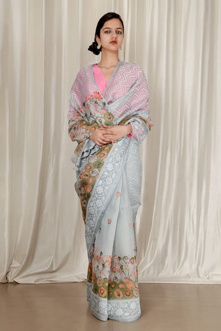 Aharin India_Blue Cotton, Organza Embroidery V-neck Printed Saree With Blouse _at_Aza_Fashions