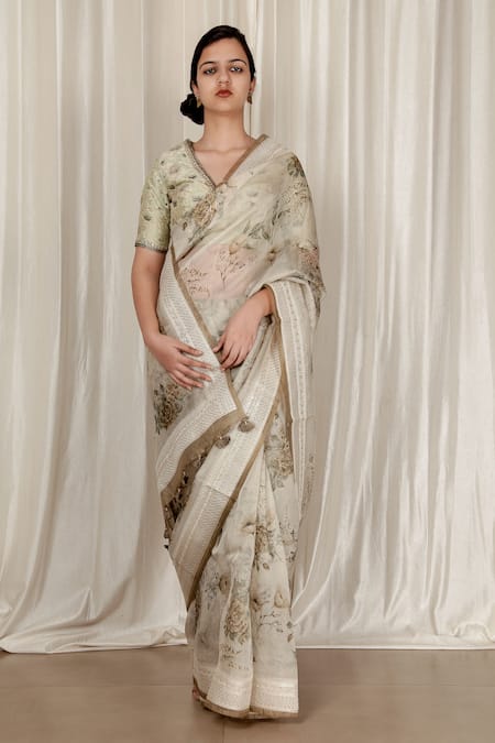 Aharin India Floral Printed Organza Saree With Brocade Blouse 
