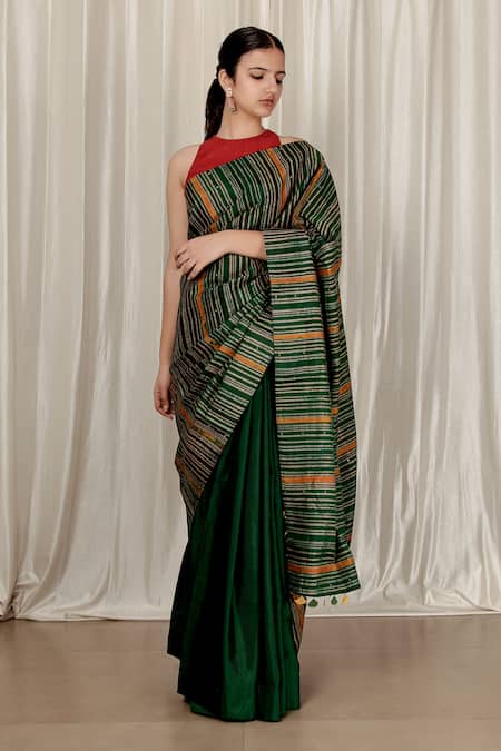 Aharin India Block Printed Silk Saree With Red Blouse 