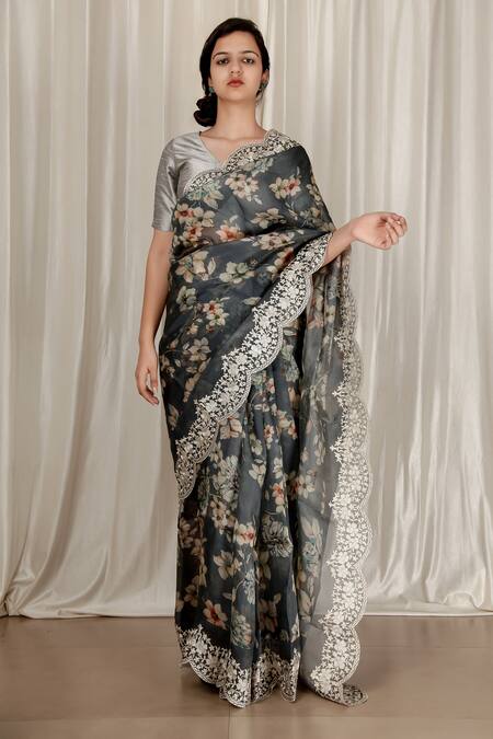 Aharin India_Gray Organza Embroidery V-neck Grey Printed Saree With Border _Online_at_Aza_Fashions