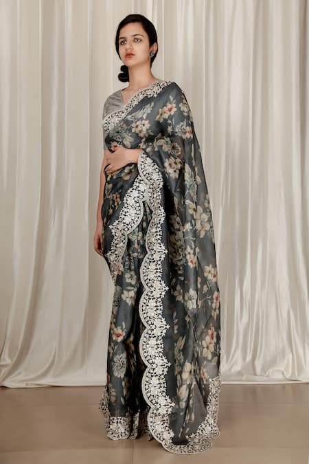 Aharin India Grey Printed Organza Saree With Embroidered Border 