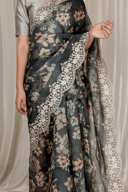 Shop_Aharin India_Gray Organza Embroidery V-neck Grey Printed Saree With Border _Online_at_Aza_Fashions