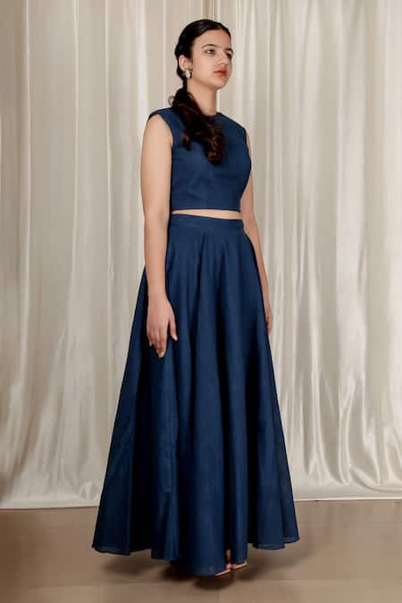 Aharin India_Blue Handloom Cotton Round Neck Flared Handwoven Skirt And Top Set _Online_at_Aza_Fashions