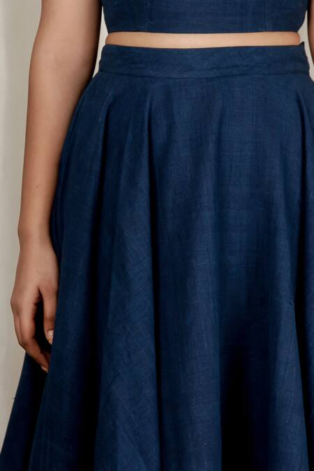 Buy_Aharin India_Blue Handloom Cotton Round Neck Flared Handwoven Skirt And Top Set _Online_at_Aza_Fashions