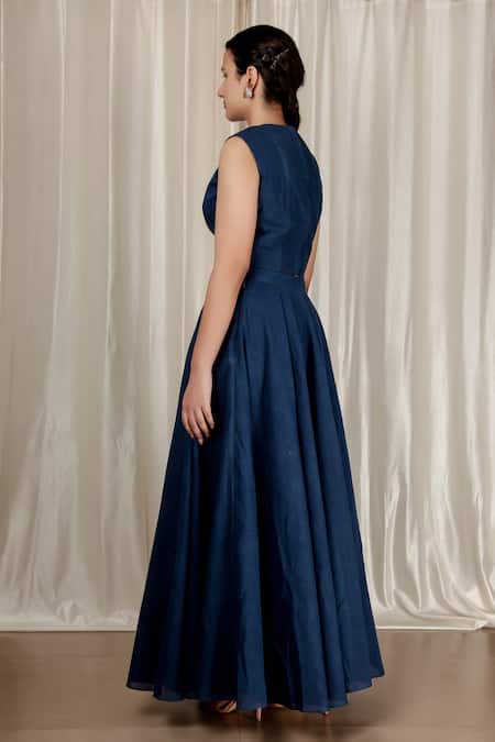 Shop_Aharin India_Blue Handloom Cotton Round Neck Flared Handwoven Skirt And Top Set _Online_at_Aza_Fashions