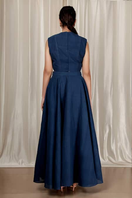 Shop_Aharin India_Blue Handloom Cotton Round Neck Flared Handwoven Skirt And Top Set _at_Aza_Fashions