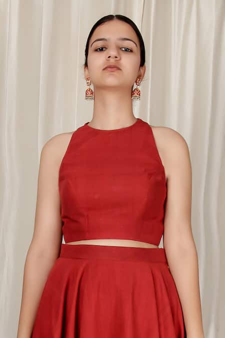 Aharin India Red Handloom Cotton High Neck Handwoven Flared Skirt And Top Set Online at Aza Fashions Aharin India_Red Handloom Cotton High Neck Handwoven Flared Skirt And Top Set _Online_at_Aza_Fashions