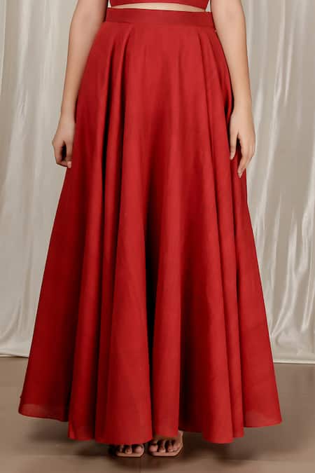 Buy Aharin India Red Handloom Cotton High Neck Handwoven Flared Skirt And Top Set Online at Aza Fashions Buy_Aharin India_Red Handloom Cotton High Neck Handwoven Flared Skirt And Top Set _Online_at_Aza_Fashions