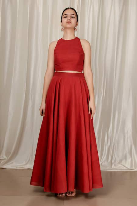 Aharin India Handwoven Cotton Flared Skirt & Top Set 