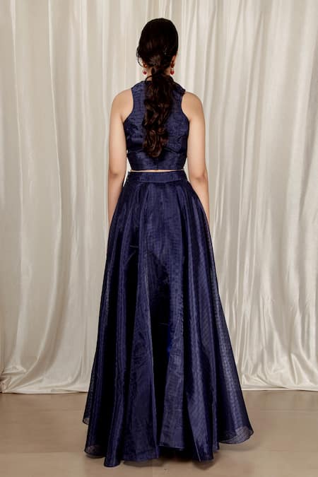 Aharin India Navy Blue Organza Skirt & Blouse Set 