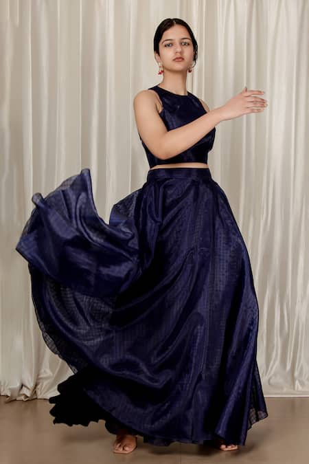Shop Aharin India Navy Organza Round Neck Blue Skirt And Blouse Set Online at Aza Fashions Shop_Aharin India_Navy Organza Round Neck Blue Skirt And Blouse Set _Online_at_Aza_Fashions