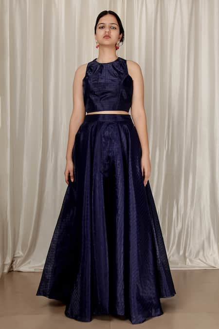 Aharin India Navy Organza Round Neck Blue Skirt And Blouse Set at Aza Fashions Aharin India_Navy Organza Round Neck Blue Skirt And Blouse Set _at_Aza_Fashions