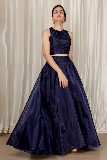 Buy Aharin India Navy Organza Round Neck Blue Skirt And Blouse Set Buy_Aharin India_Navy Organza Round Neck Blue Skirt And Blouse Set