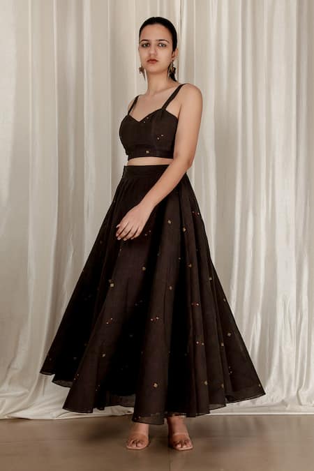 Aharin India Black Handloom Cotton Embroidery Flared Handwoven Jamdani Skirt And Top Set Online at Aza Fashions Aharin India_Black Handloom Cotton Embroidery Flared Handwoven Jamdani Skirt And Top Set _Online_at_Aza_Fashions