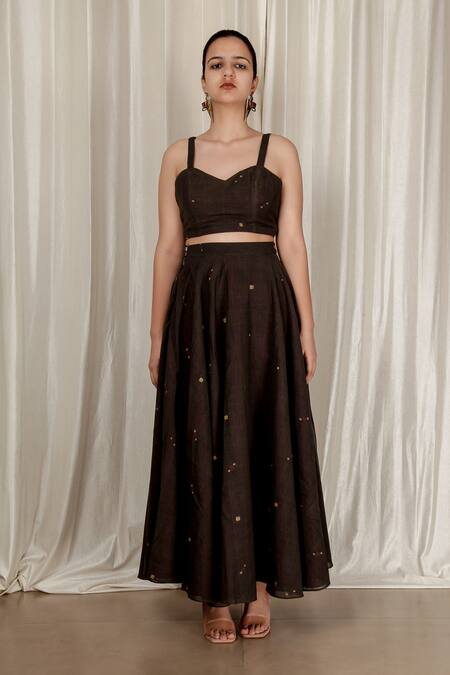 Shop Aharin India Black Handloom Cotton Embroidery Flared Handwoven Jamdani Skirt And Top Set Online at Aza Fashions Shop_Aharin India_Black Handloom Cotton Embroidery Flared Handwoven Jamdani Skirt And Top Set _Online_at_Aza_Fashions