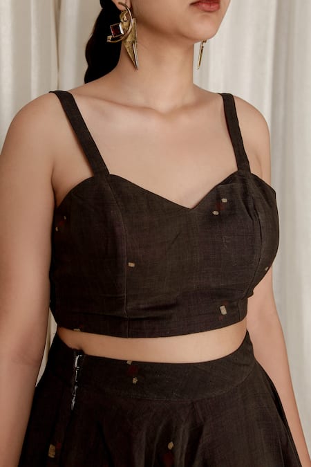 Aharin India Black Handloom Cotton Embroidery Flared Handwoven Jamdani Skirt And Top Set at Aza Fashions Aharin India_Black Handloom Cotton Embroidery Flared Handwoven Jamdani Skirt And Top Set _at_Aza_Fashions