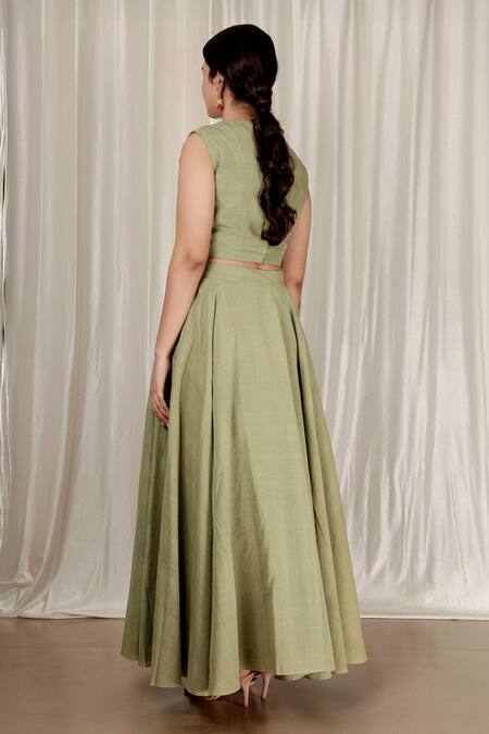 Aharin India_Green Handloom Cotton Round Neck Flared Handwoven Jamdani Skirt And Top Set _Online_at_Aza_Fashions