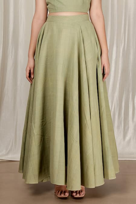 Buy_Aharin India_Green Handloom Cotton Round Neck Flared Handwoven Jamdani Skirt And Top Set _Online_at_Aza_Fashions