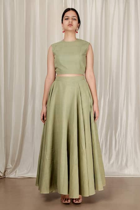 Aharin India_Green Handloom Cotton Round Neck Flared Handwoven Jamdani Skirt And Top Set _at_Aza_Fashions