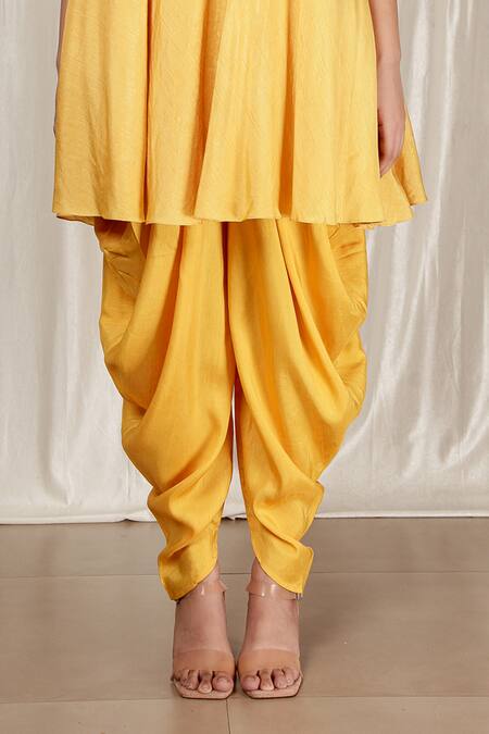 Aharin India Yellow , Satin Embroidery Round Neck, Flared Kurta And Dhoti Pants Online at Aza Fashions Aharin India_Yellow , Satin Embroidery Round Neck, Flared Kurta And Dhoti Pants _Online_at_Aza_Fashions
