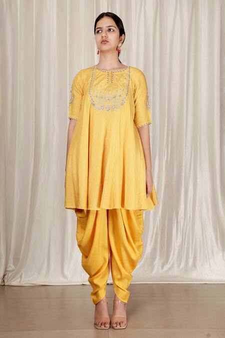 Buy Aharin India Yellow , Satin Embroidery Round Neck, Flared Kurta And Dhoti Pants Online at Aza Fashions Buy_Aharin India_Yellow , Satin Embroidery Round Neck, Flared Kurta And Dhoti Pants _Online_at_Aza_Fashions
