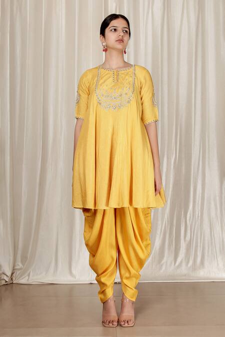 Shop Aharin India Yellow , Satin Embroidery Round Neck, Flared Kurta And Dhoti Pants Online at Aza Fashions Shop_Aharin India_Yellow , Satin Embroidery Round Neck, Flared Kurta And Dhoti Pants _Online_at_Aza_Fashions