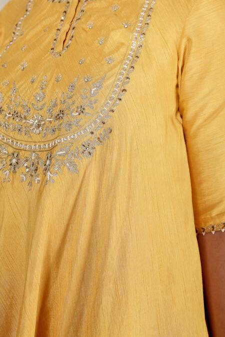 Aharin India Yellow , Satin Embroidery Round Neck, Flared Kurta And Dhoti Pants at Aza Fashions Aharin India_Yellow , Satin Embroidery Round Neck, Flared Kurta And Dhoti Pants _at_Aza_Fashions