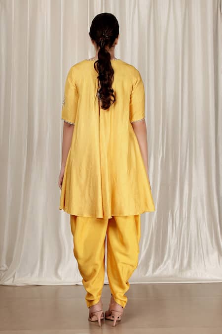 Aharin India Embroidered Yellow Flared Kurta & Dhoti Pants 