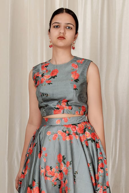 Aharin India_Gray Silk Round Neck Floral Printed Blend Lehenga Set _Online_at_Aza_Fashions