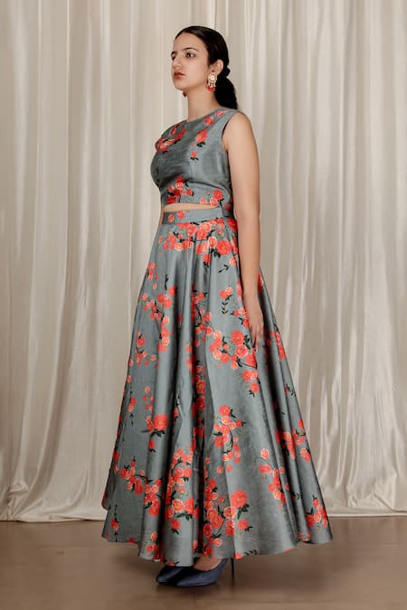 Buy_Aharin India_Gray Silk Round Neck Floral Printed Blend Lehenga Set _Online_at_Aza_Fashions