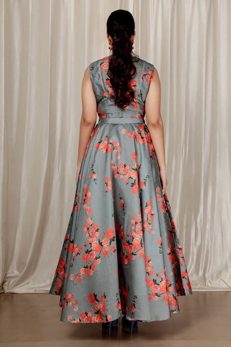 Shop_Aharin India_Gray Silk Round Neck Floral Printed Blend Lehenga Set _at_Aza_Fashions