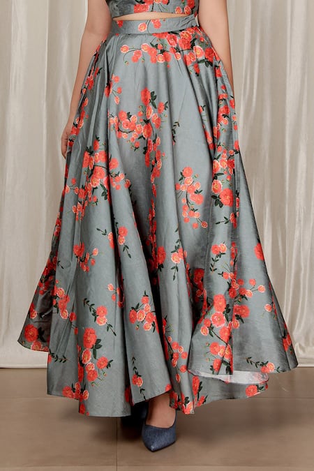 Shop_Aharin India_Gray Silk Round Neck Floral Printed Blend Lehenga Set _Online_at_Aza_Fashions