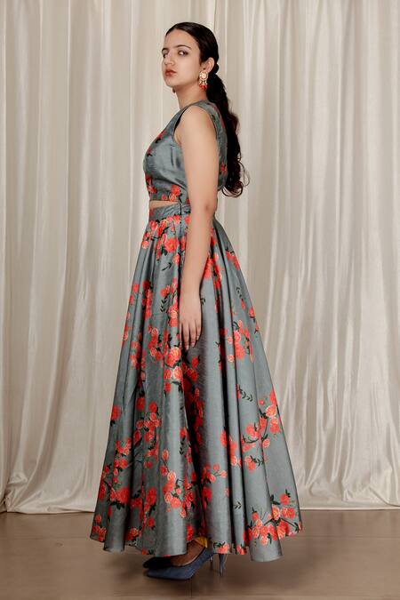 Aharin India_Gray Silk Round Neck Floral Printed Blend Lehenga Set _at_Aza_Fashions
