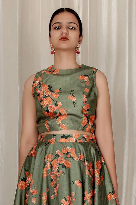 Aharin India_Green Silk Round Neck Floral Print Blend Lehenga Set _Online_at_Aza_Fashions
