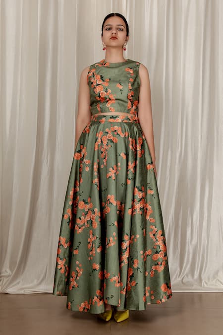 Buy_Aharin India_Green Silk Round Neck Floral Print Blend Lehenga Set _Online_at_Aza_Fashions