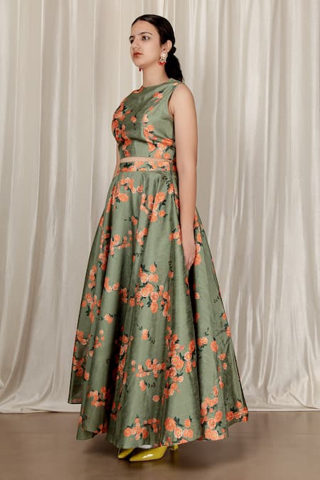 Shop_Aharin India_Green Silk Round Neck Floral Print Blend Lehenga Set _Online_at_Aza_Fashions