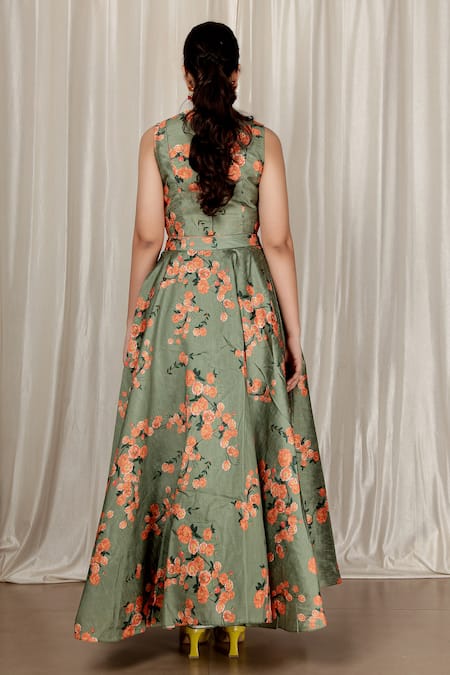 Shop_Aharin India_Green Silk Round Neck Floral Print Blend Lehenga Set _at_Aza_Fashions