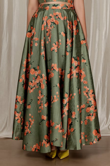 Aharin India_Green Silk Round Neck Floral Print Blend Lehenga Set _at_Aza_Fashions