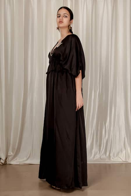 Aharin India_Black Crepe Zari V-neck Heavy Embroidered Kaftan _Online_at_Aza_Fashions