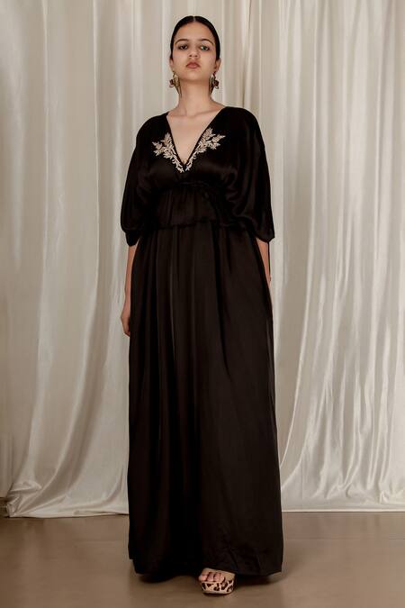 Buy_Aharin India_Black Crepe Zari V-neck Heavy Embroidered Kaftan _Online_at_Aza_Fashions