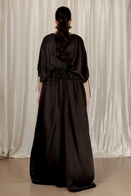 Shop_Aharin India_Black Crepe Zari V-neck Heavy Embroidered Kaftan _at_Aza_Fashions