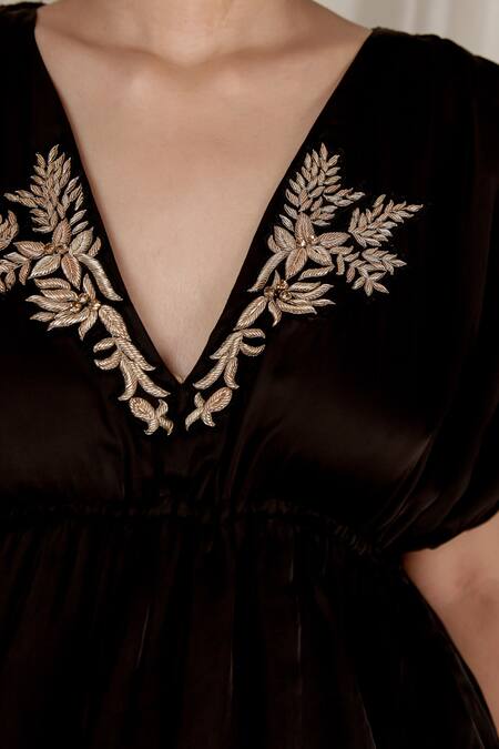 Shop_Aharin India_Black Crepe Zari V-neck Heavy Embroidered Kaftan _Online_at_Aza_Fashions