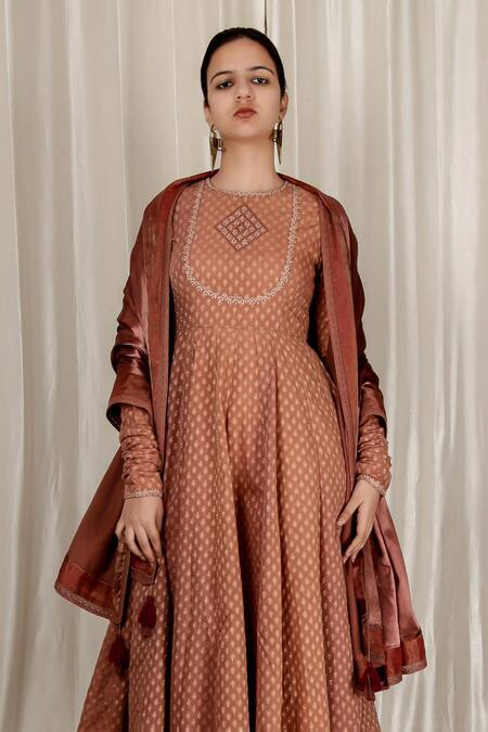Shop_Aharin India_Pink Chanderi, Satin Embroidery Round Neck Onion Anarkali Set _Online_at_Aza_Fashions